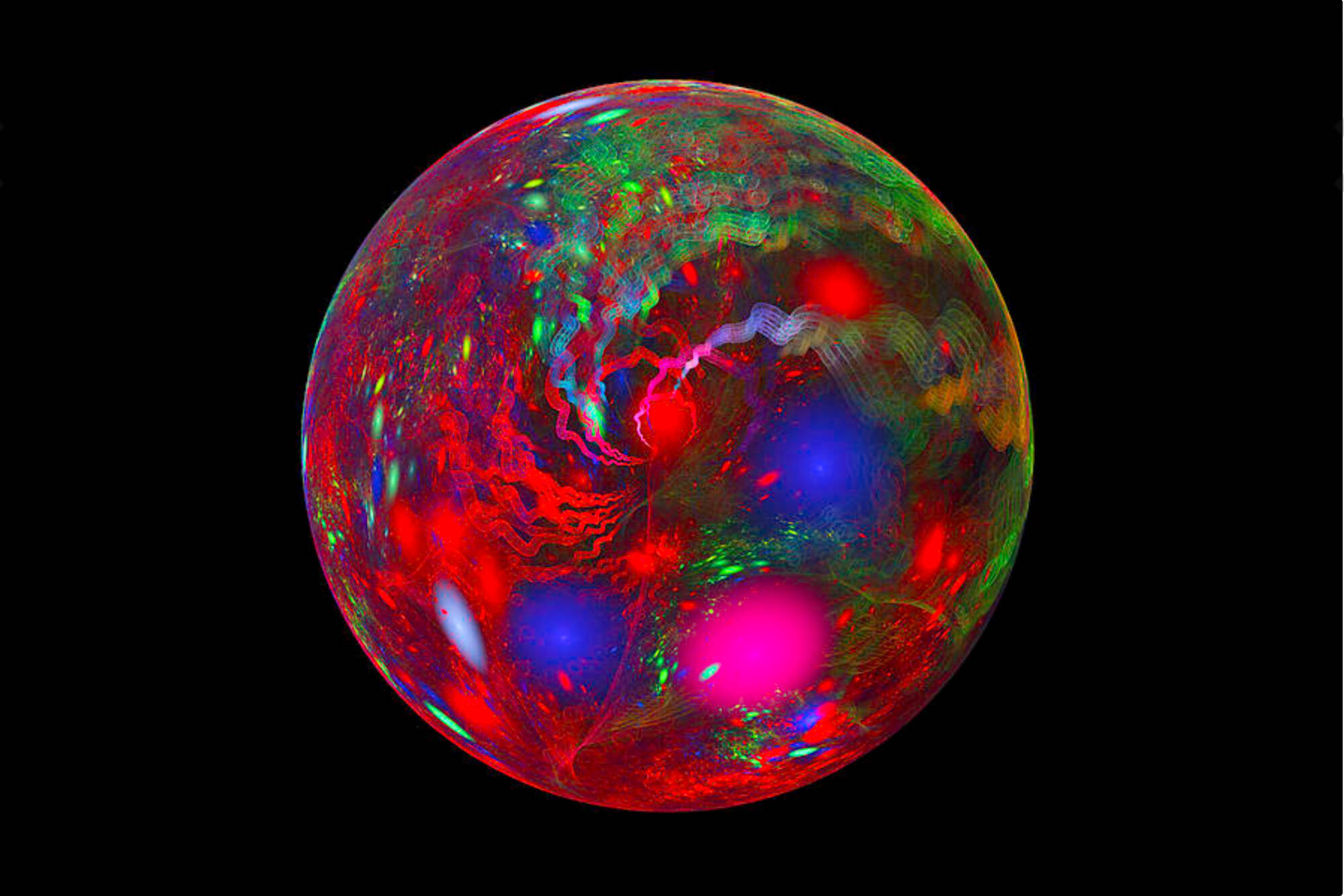 Brightly colored computer generated image of a sphere that looks like the moon with many different colors on a black background.